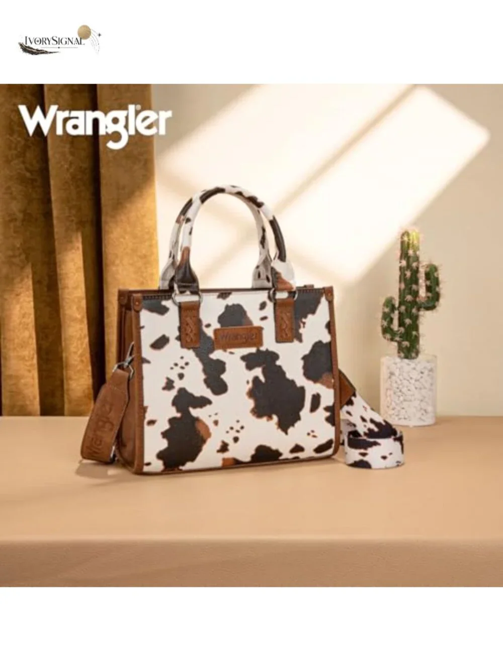 Western Cow Print Faux Leather Tote Bag with Top Handle and Crossbody Strap
